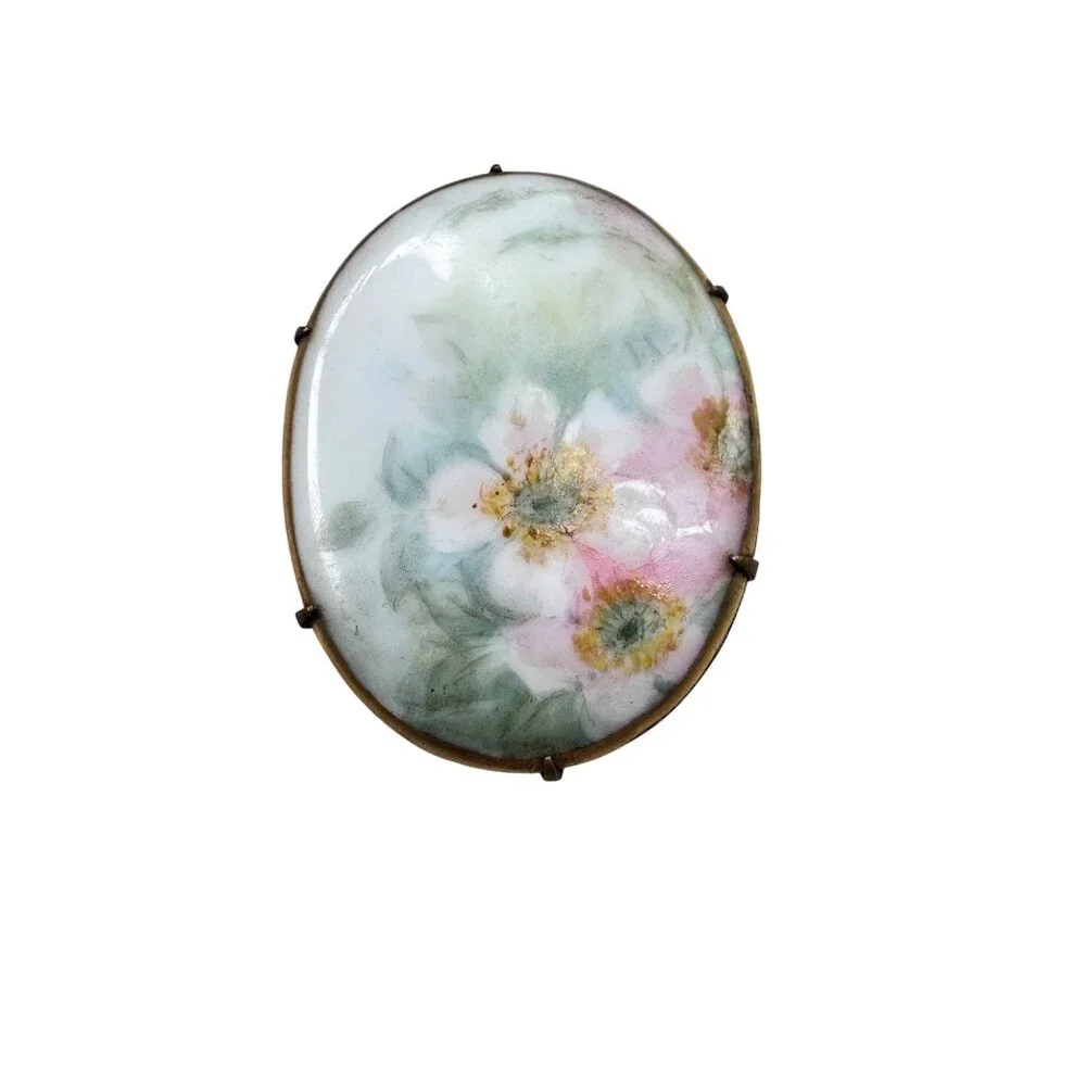 Hand Painted Porcelain Floral Brooch Brass C Clasp Victorian 1890s Antique